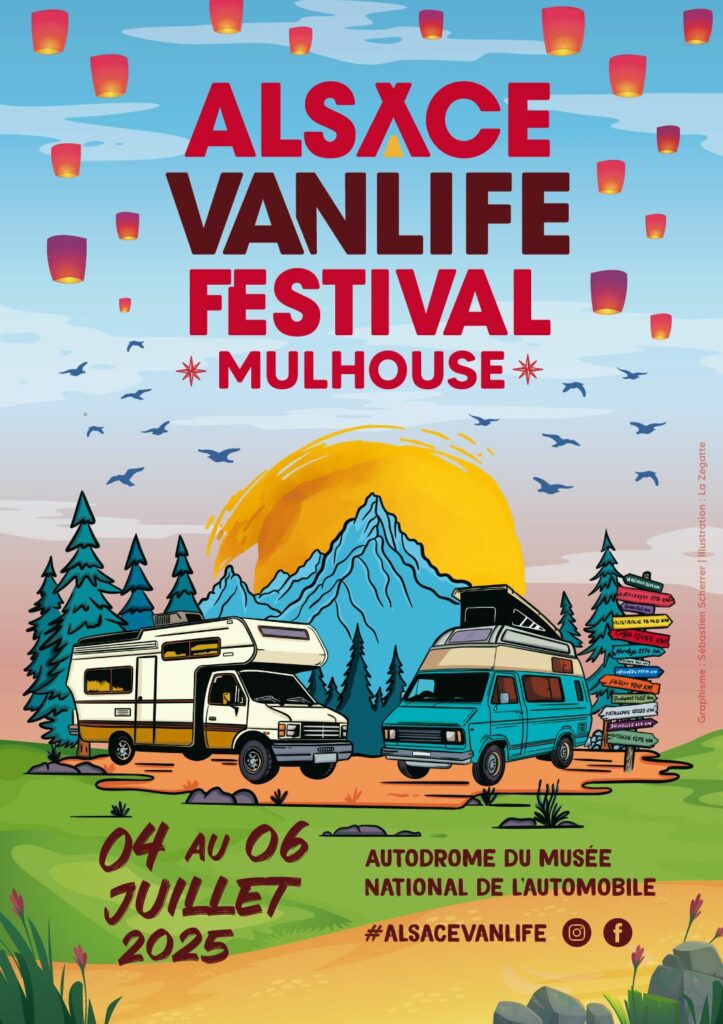 Affiche du Alsace Vanlife Festival à Mulhouse du 4 au 6 juillet 2025, avec illustration de vans aménagés, montagne, forêt et lanternes volantes