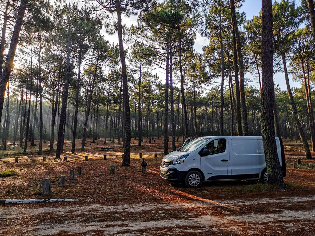 Renault Trafic aménagé par Cosy Van dans une forêt, avec mobilier sur mesure, isolation complète et équipements pour la vie nomade. Vanlife en pleine nature, aménagement de van sur mesure à Strasbourg pour un mode de vie autonome et confortable.