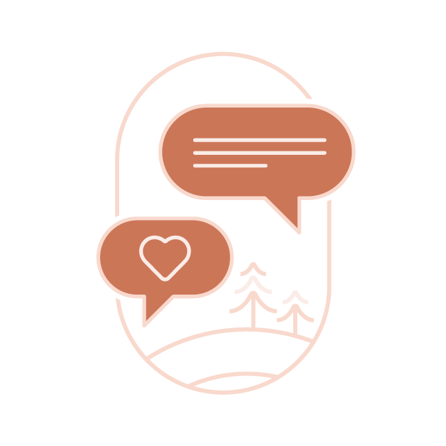 Illustration d'une bulle de dialogue avec un cœur et des arbres, symbolisant l'écoute et la compréhension des besoins pour la vie nomade en van aménagé. Découvrez des solutions d'aménagement de van sur mesure pour explorer l'Alsace avec Cosy Van à Strasbourg.