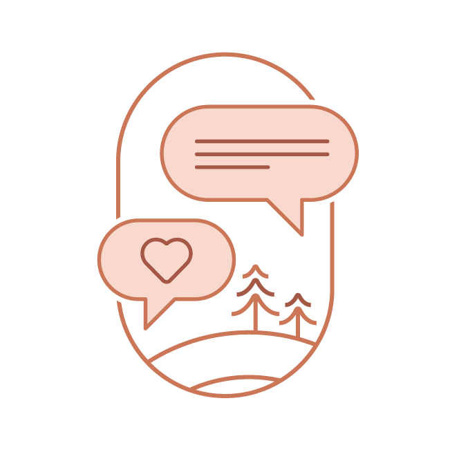 Illustration d'une bulle de dialogue avec un cœur et des arbres, symbolisant l'écoute et la compréhension des besoins pour la vie nomade en van aménagé pour explorer l'Alsace avec Cosy Van à Strasbourg.