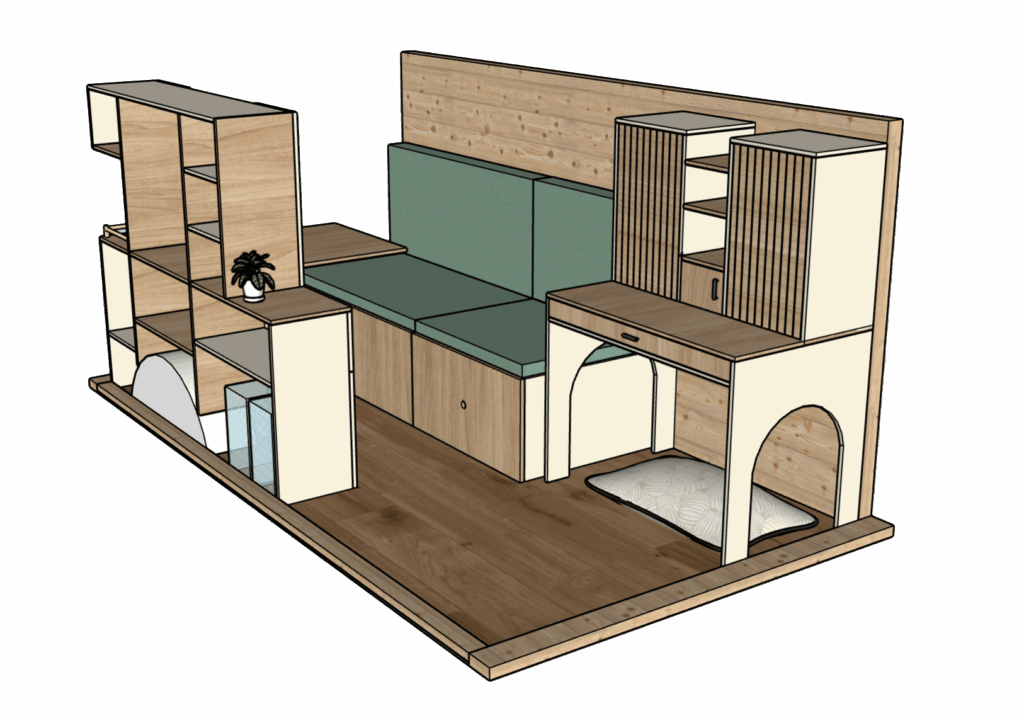 Conception 3D d’un aménagement sur mesure pour Renault Trafic réalisée par Cosy Van en Alsace, avec lit banquette, rangements et cuisine intégrée avec table retractable