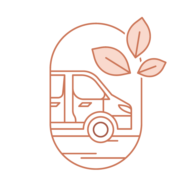 Illustration d'un van entouré de feuilles, représentant la liberté et l'aventure de la vie en van avec un faible impact environnemental. Découvrez des solutions d'aménagement de van durables pour explorer la nature en Alsace avec Cosy Van à Strasbourg.